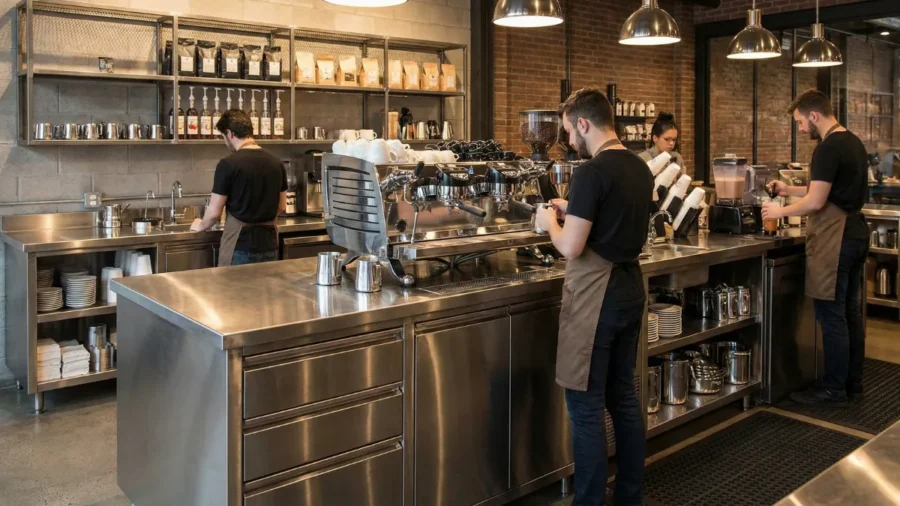 Kahve zincirleri için özel üretim paslanmaz çelik dolaplı çalışma tezgahı, espresso makinesi istasyonu ve arka bar depolama raflarında çalışan baristalar.