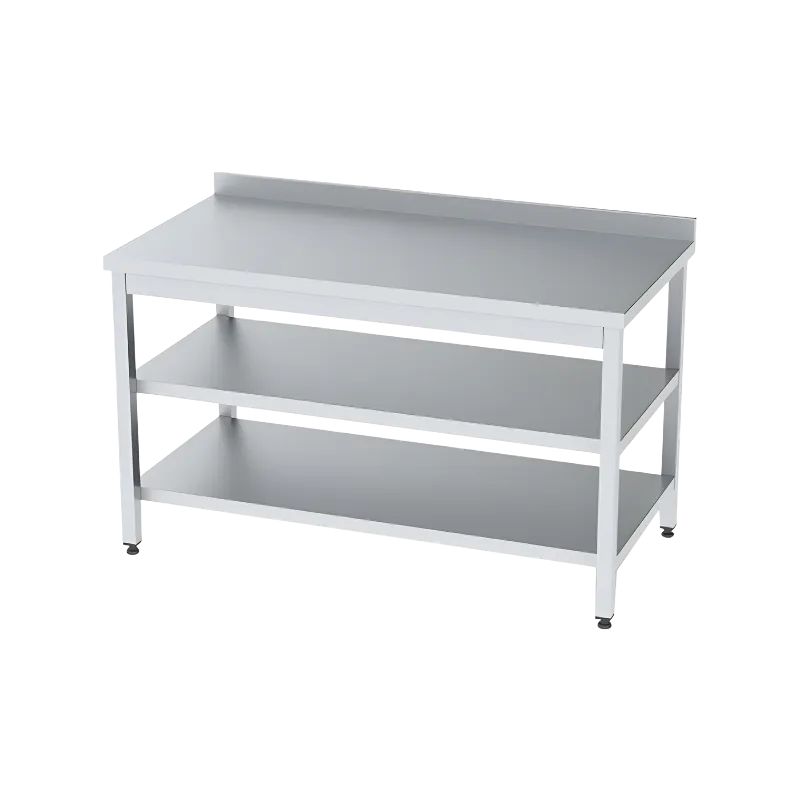 Hem alt hem ara rafı bulunan, arkası sırtlıklı, depolama kapasitesi yüksek, paslanmaz çelik sanayi tipi mutfak çalışma tezgahı.