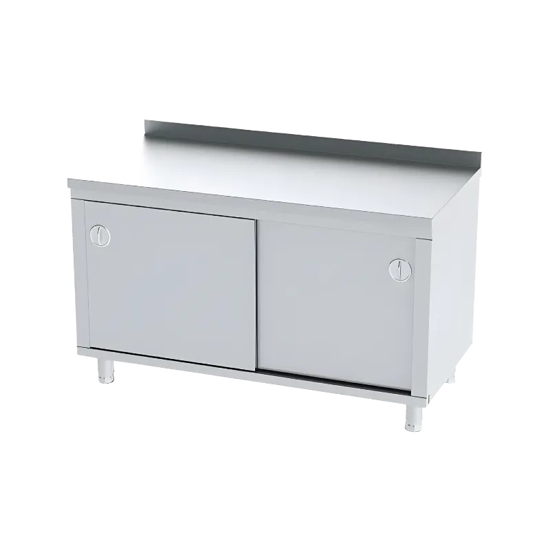 Sürgü kapaklı, raylı tekerlek sistemli, dar alanlar için yer tasarrufu sağlayan, arkası sırtlıklı krom dolaplı çalışma tezgahı.