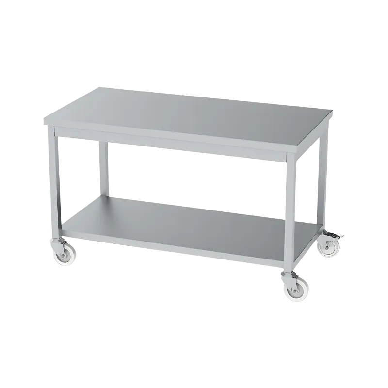 Dört adet sanayi tipi tekerleğe sahip, fren kilit mekanizmalı, alt raflı, sırtlıksız ada tipi krom hareketli çalışma tezgahı.