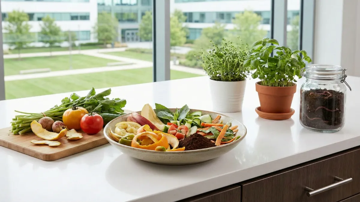 Modern bir ofis veya restoran mutfağı tezgahında ayrıştırılmış taze sebze, meyve ve organik atıklar.