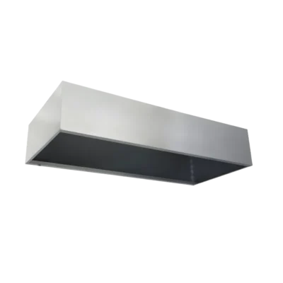 Geniş iç hacmi ile duman rezervuarı görevi gören, paslanmaz çelikten imal edilmiş endüstriyel kutu tipi davlumbaz.