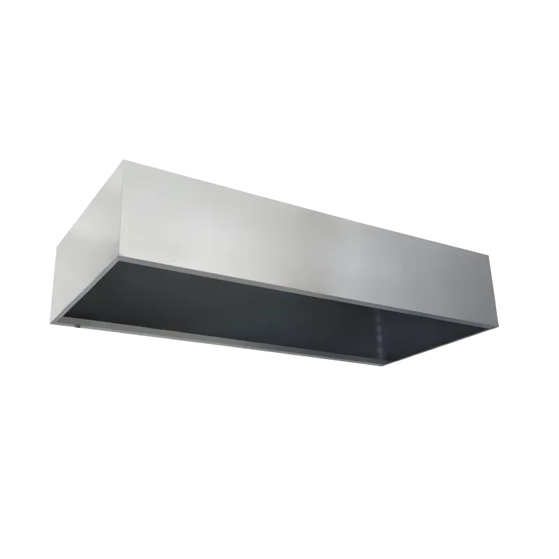 Geniş iç hacmi ile duman rezervuarı görevi gören, paslanmaz çelikten imal edilmiş endüstriyel kutu tipi davlumbaz.