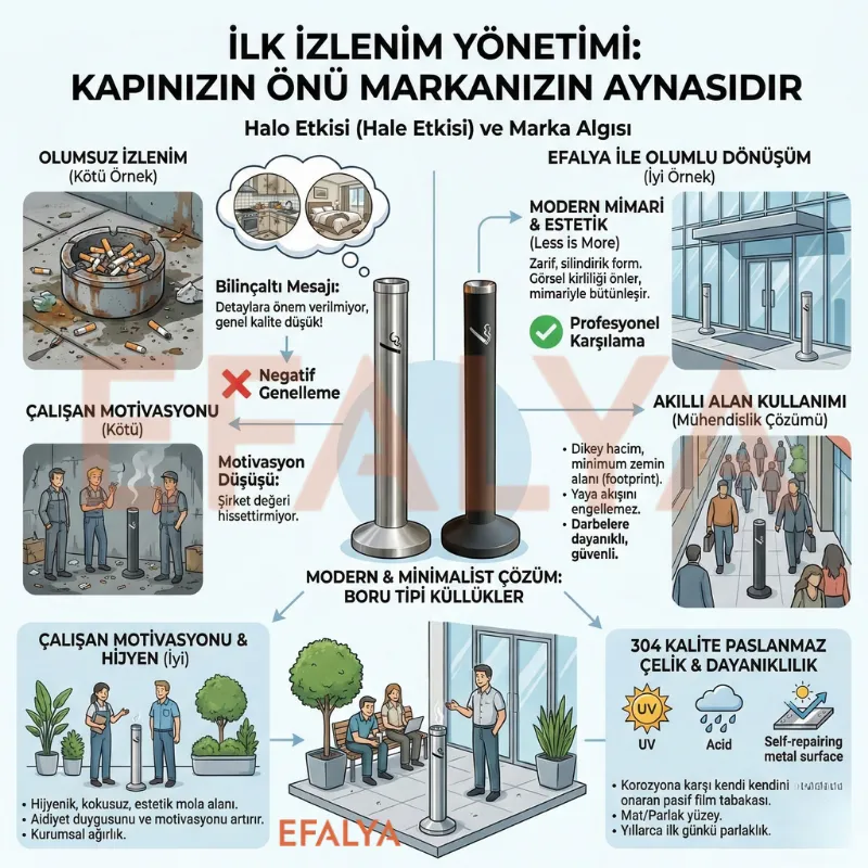 Efalya boru tipi küllüklerin kurumsal marka algısına katkısını, kapı önü temizliğinin halo etkisini ve 304 kalite paslanmaz çelik özelliklerini anlatan detaylı karşılaştırmalı infografik.