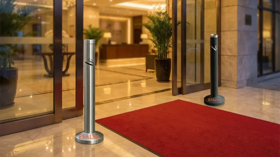 Lüks otel lobisi girişinde kırmızı halı üzerinde duran Efalya markalı paslanmaz çelik ve mat siyah dekoratif ayaklı küllük modelleri.