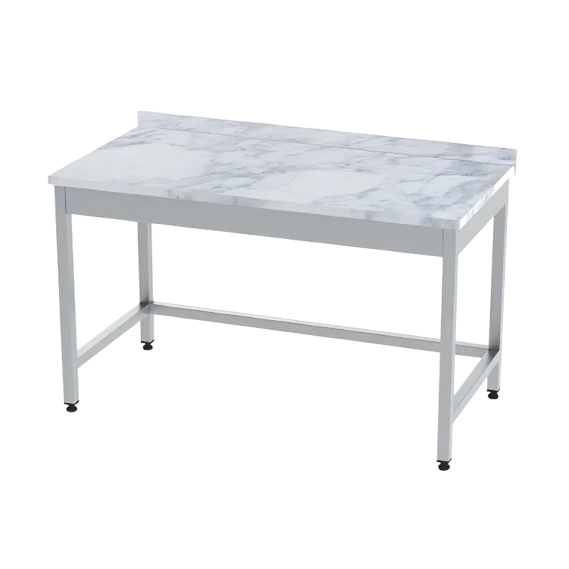 Doğal mermer yüzeyli, mermer altı metal takviyeli, 40x40 mm profil ayaklı, hamur açma ve çikolata temperleme için uygun paslanmaz çalışma tezgahı.