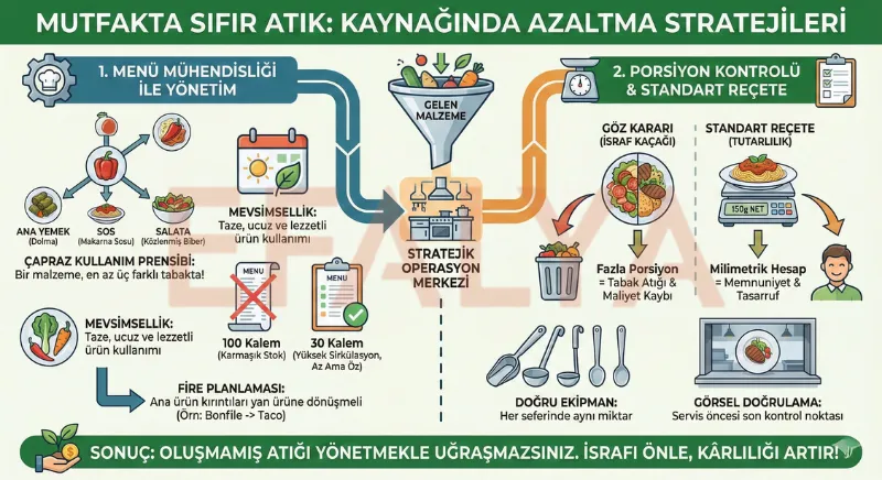 Mutfakta menü mühendisliği, porsiyon kontrolü ve çapraz kullanım prensibi ile atığı kaynağında azaltma stratejilerini anlatan infografik.