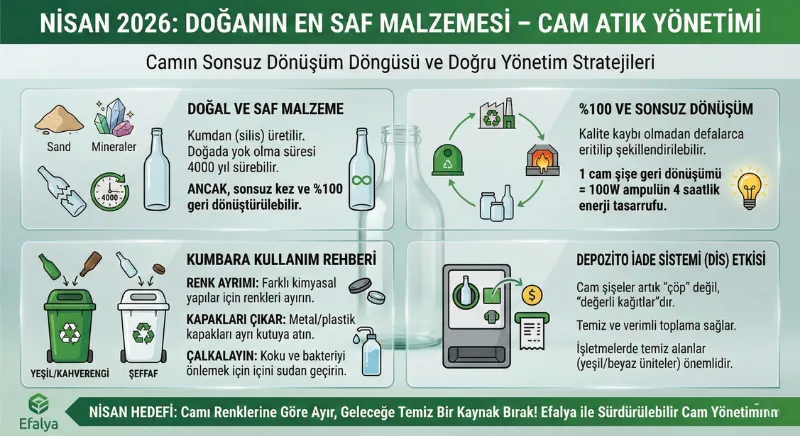 Nisan 2026 cam atık ayı, cam geri dönüşüm süreci ve cam kumbarası kullanım kuralları infografiği.