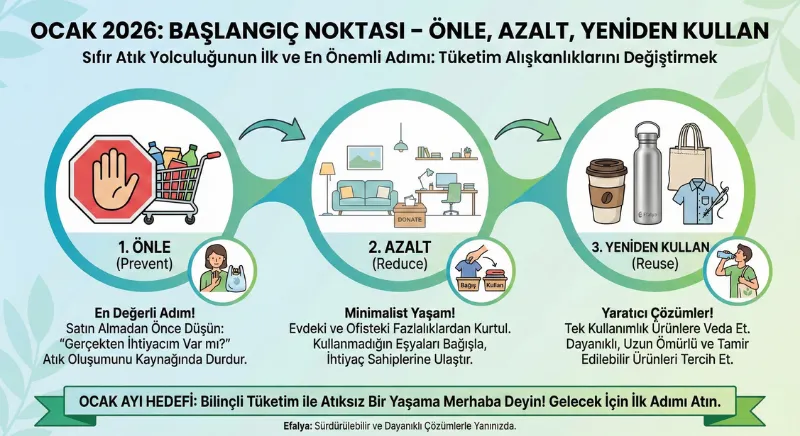 Ocak 2026 sıfır atık teması kapsamında atık önleme, azaltma ve yeniden kullanım adımlarını gösteren infografik.