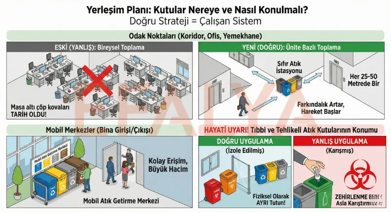 Ofis, koridor ve yemekhanelerde doğru sıfır atık kutusu yerleşimi, masa altı kova yasağı ve mobil atık merkezi konumlandırma planı.