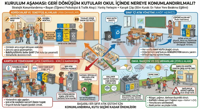 Okul içinde geri dönüşüm kutularının koridor, sınıf, kantin ve bahçede nereye konulması gerektiğini gösteren detaylı yerleşim planı infografiği.