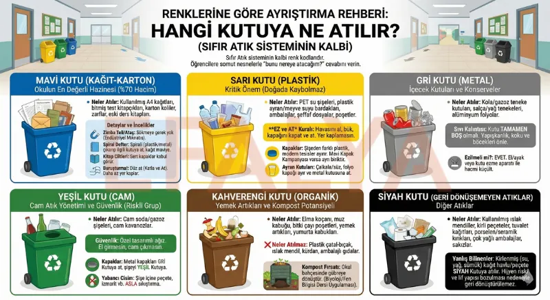 Okullarda sıfır atık projesi kapsamında mavi, sarı, gri, yeşil, kahverengi ve siyah geri dönüşüm kutularına hangi atıkların atılacağını gösteren detaylı ayrıştırma rehberi infografiği.