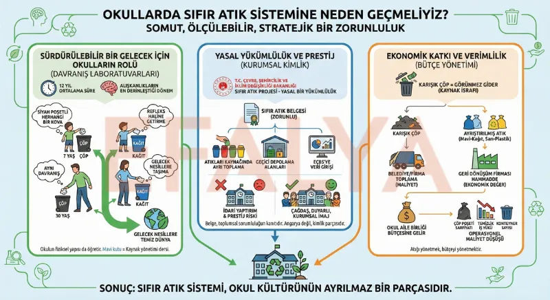 Okullarda sıfır atık sistemine geçişin sürdürülebilir gelecek, yasal yükümlülük ve ekonomik katkılarını gösteren detaylı infografik.