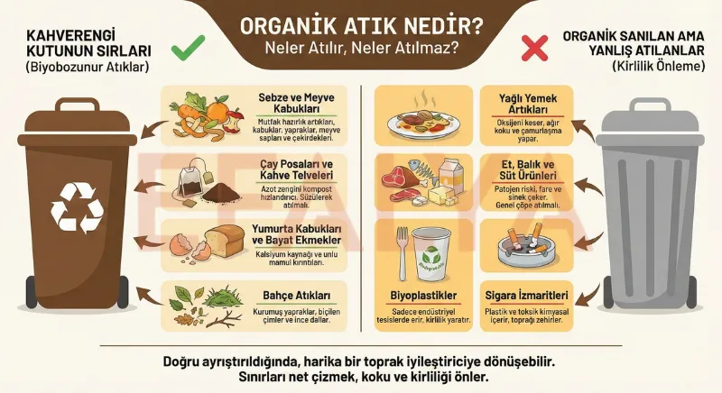 Organik atık kutusuna atılması gerekenler ve atılmaması gereken yanlış çöplerin karşılaştırmalı infografik tablosu.