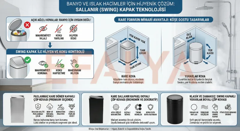 Otel banyolarında hijyen sağlayan sallanır kapaklı (swing) çöp kovaları, kare ve yuvarlak formların karşılaştırması ve 304 kalite paslanmaz çelik malzeme avantajları.