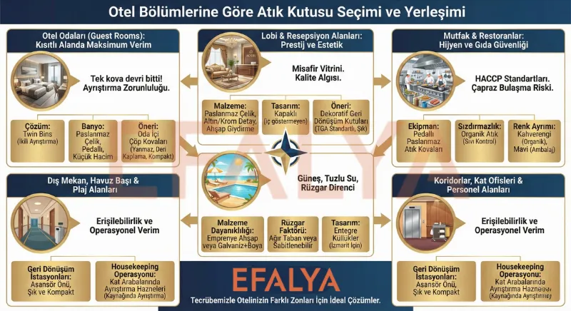 Otel lobi, oda, mutfak ve dış mekan alanları için doğru geri dönüşüm kutusu seçimi, paslanmaz çelik ve ahşap atık kovası modelleri ve yerleşim planı.
