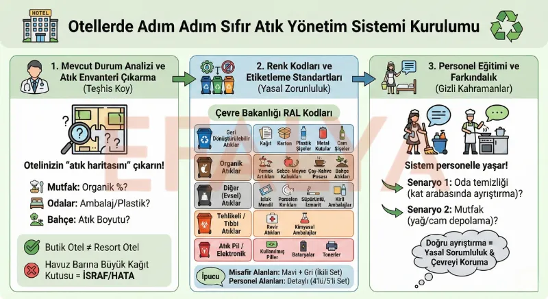 Otellerde sıfır atık sistemi kurulum adımları, atık envanteri çıkarma ve Çevre Bakanlığı atık yönetimi renk kodları (Mavi, Gri, Kahverengi) rehberi.