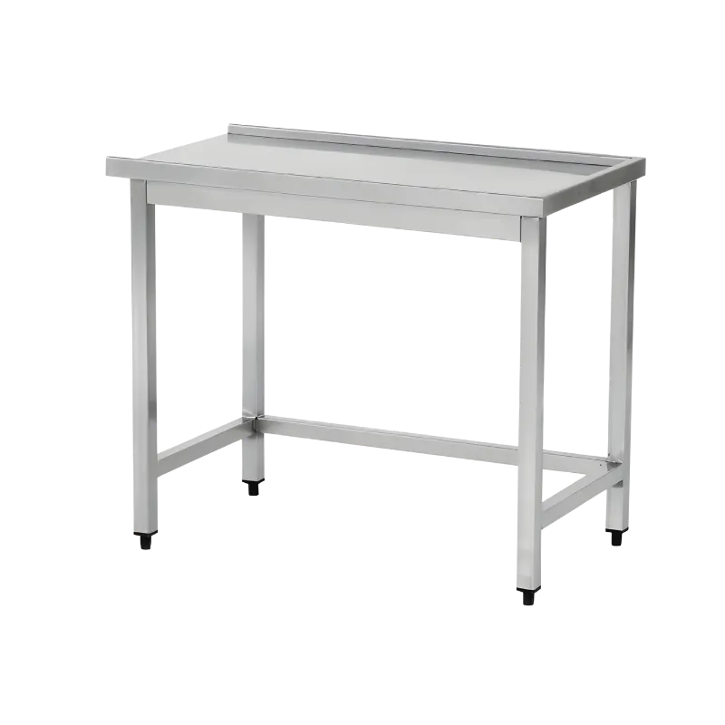 Bulaşık makinesinden çıkan temiz sepetleri karşılayan, düşme engelleyici bariyerli, 40x40 mm profil ayaklı paslanmaz çelik çıkış tezgahı.
