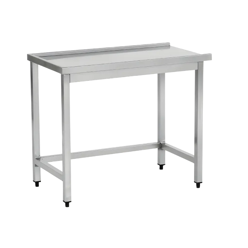 Endüstriyel bulaşık makinesine basket sürmek için tasarlanmış, 40x40 mm profil ayaklı, su taşma setli paslanmaz çelik giriş tezgahı.