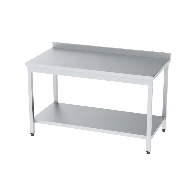 Altı dolu raflı, arkası sırtlıklı, argon kaynak ile birleştirilmiş pürüzsüz köşeli, krom paslanmaz çelik çalışma tezgahı.