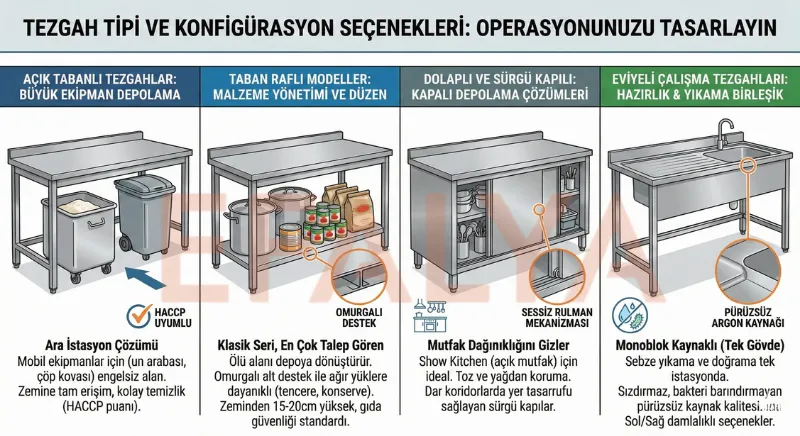 Alt taban raflı, sürgü kapılı dolaplı ve eviyeli olmak üzere farklı konfigürasyonlara sahip fonksiyonel paslanmaz çelik endüstriyel tezgah modelleri.