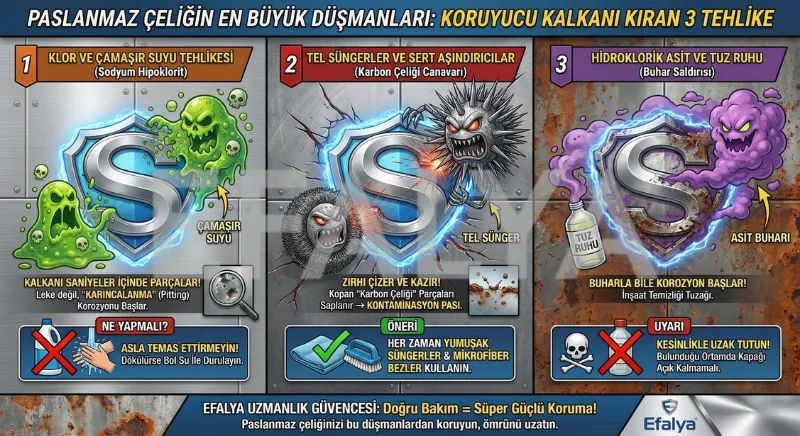 Paslanmaz çelik yüzeyde korozyona neden olan çamaşır suyu, tel sünger ve tuz ruhu tehlikelerini ve pitting korozyonu etkisini gösteren Efalya uyarı infografiği.