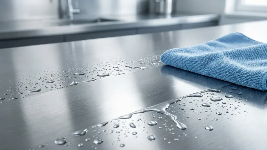 Mikrofiber bez ile temizlenen su damlacıklı parlak paslanmaz çelik tezgah yüzeyi ve inox bakımı