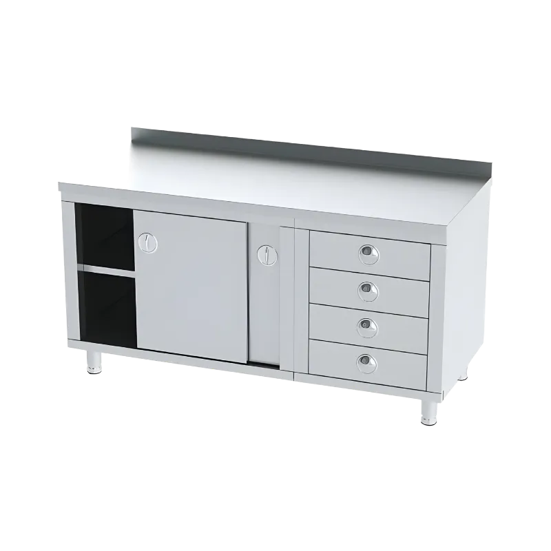 Sağ tarafı 4 adet blok çekmeceli, sol tarafı sürgü kapılı, arkası sırtlıklı, ayarlanabilir rotil ayaklı paslanmaz çelik endüstriyel mutfak tezgahı.