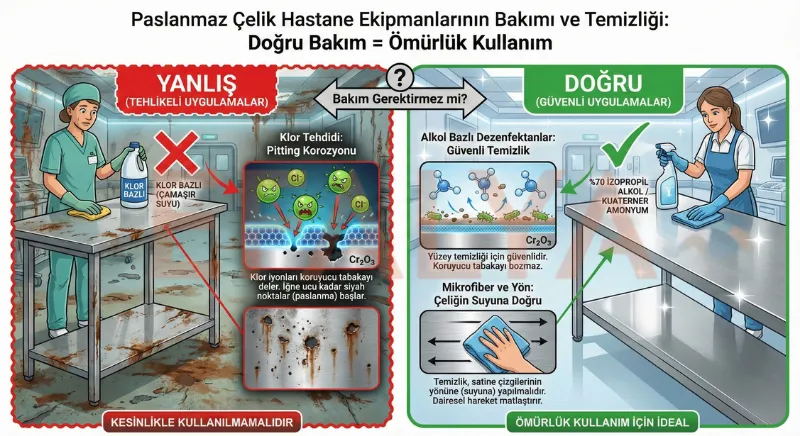 Paslanmaz çelik hastane ekipmanlarında yanlış kimyasal kullanımı, klor korozyonu ve doğru dezenfeksiyon yöntemleri.