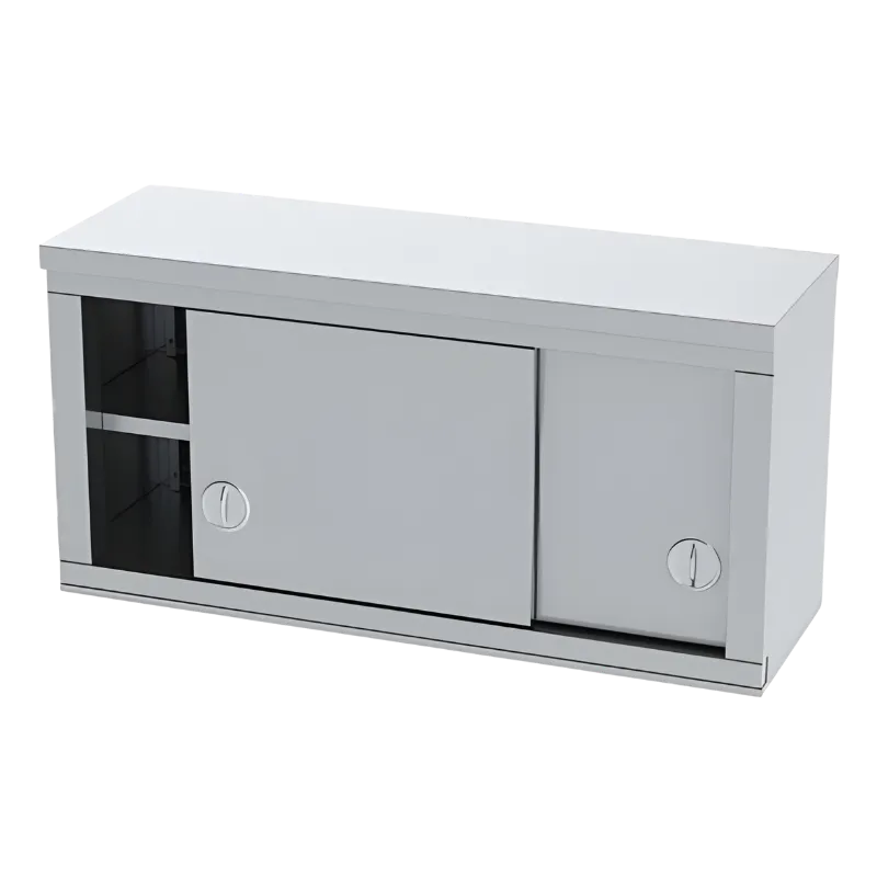 Duvara monte edilen, sürgü kapaklı, içi raflı, argon kaynaklı paslanmaz çelik endüstriyel mutfak duvar dolabı.