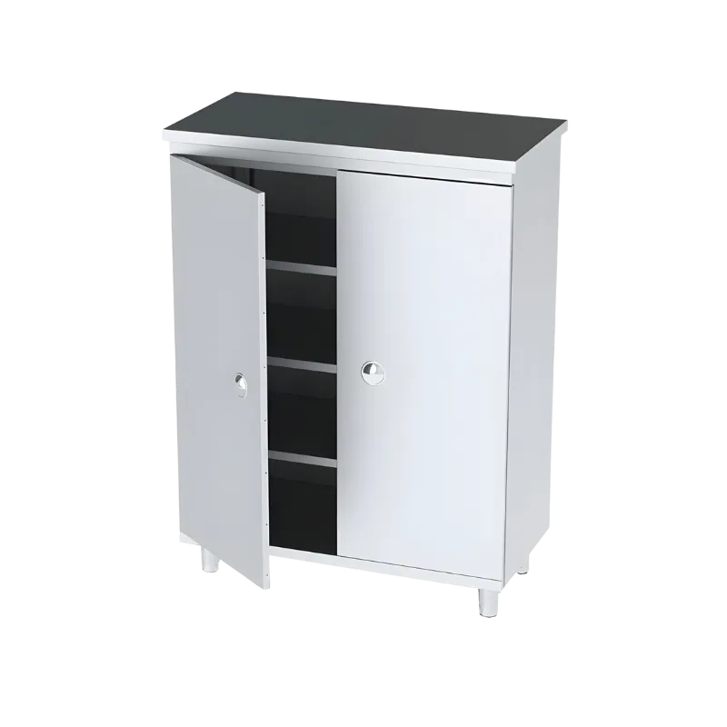 Çift çarpma kapaklı, içi ayarlanabilir raflı, yüksekliği 180 cm olan, paslanmaz çelik endüstriyel malzeme ve ilaç dolabı.