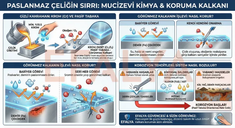Paslanmaz çeliğin paslanmasını önleyen krom oksit pasif tabaka oluşumu, kendi kendini onarma süreci ve korozyona neden olan kimyasal saldırıları gösteren Efalya teknik infografiği.