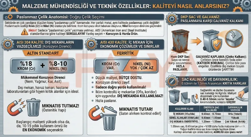 Çöp kovası imalatçıları rehberi kapak görseli: Modern plaza önünde Efalya markalı sallanır, çemberli ve torpil kapaklı 304 kalite paslanmaz çelik dış mekan çöp kovası modelleri.
