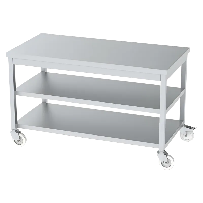 Üç katlı kullanım alanına sahip, hem ara hem alt raflı, tekerlekli ve fren mekanizmalı, sırtlıksız paslanmaz çelik mobil çalışma tezgahı.