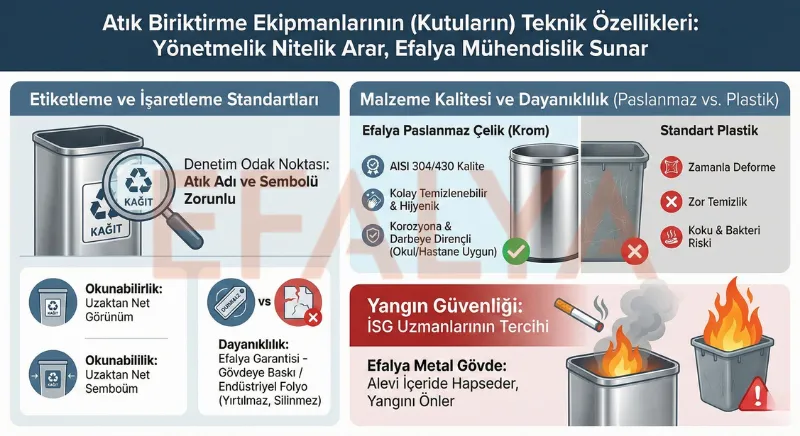 Paslanmaz çelik sıfır atık kutularının teknik özellikleri, etiketleme zorunluluğu ve plastik kutulara göre yangın güvenliği avantajlarını gösteren karşılaştırma.