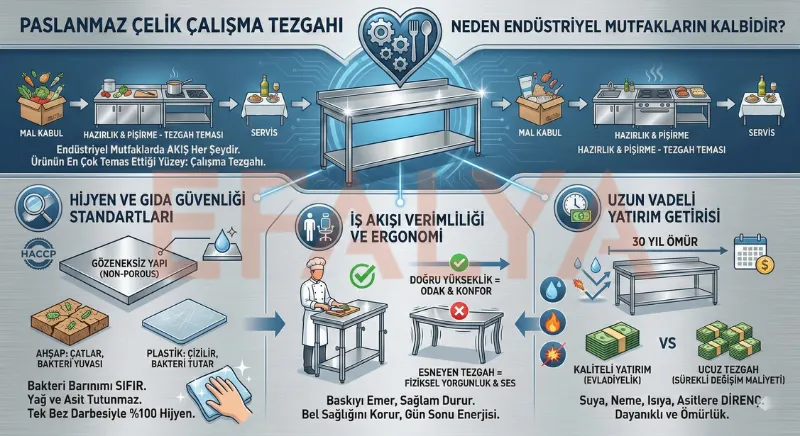 HACCP gıda güvenliği standartlarına uygun, pürüzsüz satine yüzeyli ve kolay temizlenebilir 304 kalite paslanmaz çelik tezgah yüzey detayı.