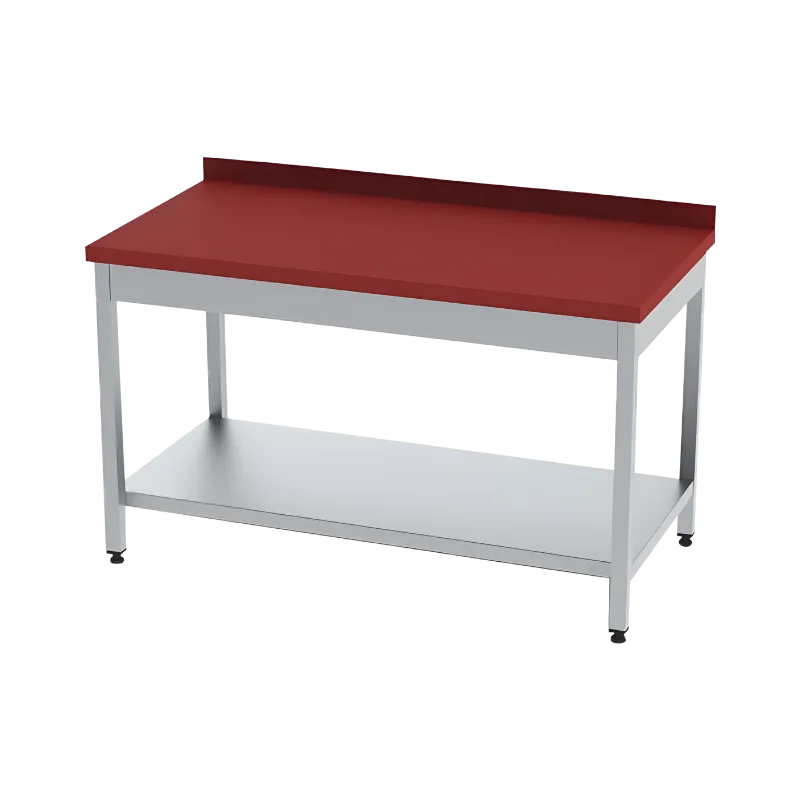 Altı paslanmaz çelik raflı, üstü 4 cm kırmızı polietilen kesim levhalı, 40x40 profil ayaklı endüstriyel et hazırlık tezgahı.