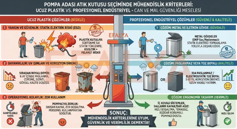 Pompa adası çöp kovası seçiminde plastik ve metal kutu karşılaştırması; statik elektrik riski, korozyon direnci ve operasyonel kolaylık.