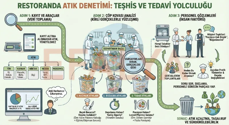Restoranlarda atık denetimi adımlarını; veri toplama, çöp kovası analizi ve personel geri bildirimi olarak gösteren rehber infografik.