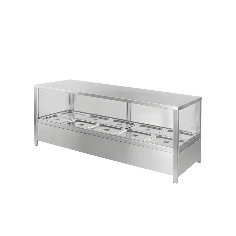 180x65x30 cm ölçülerinde, üstü cam vitrinli, paslanmaz çelik gövdeli ve elektrikli set üstü benmari yemek ısıtıcısı.