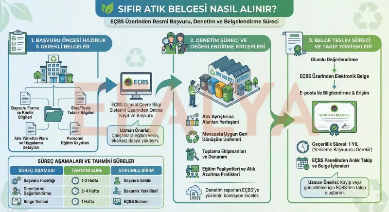 Sıfır atık belgesi başvuru aşamaları, gerekli evraklar ve yerinde denetim süreci iş akış şeması.