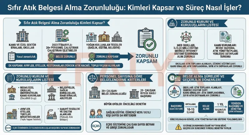 Sıfır atık belgesi almak zorunda olan kurumlar, personel sayısı kriterleri ve kapsamdaki işletmeler listesi.