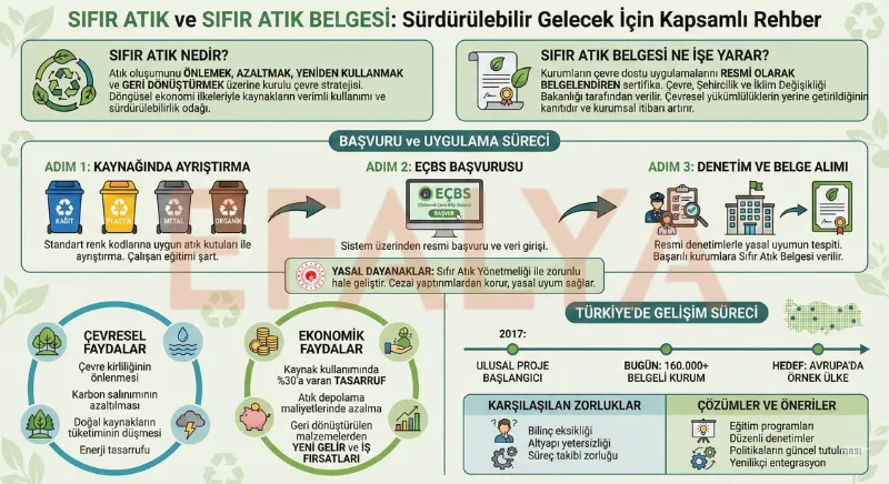 Sıfır atık nedir, temel prensipleri ve sıfır atık belgesinin kurumsal faydalarını anlatan detaylı infografik.