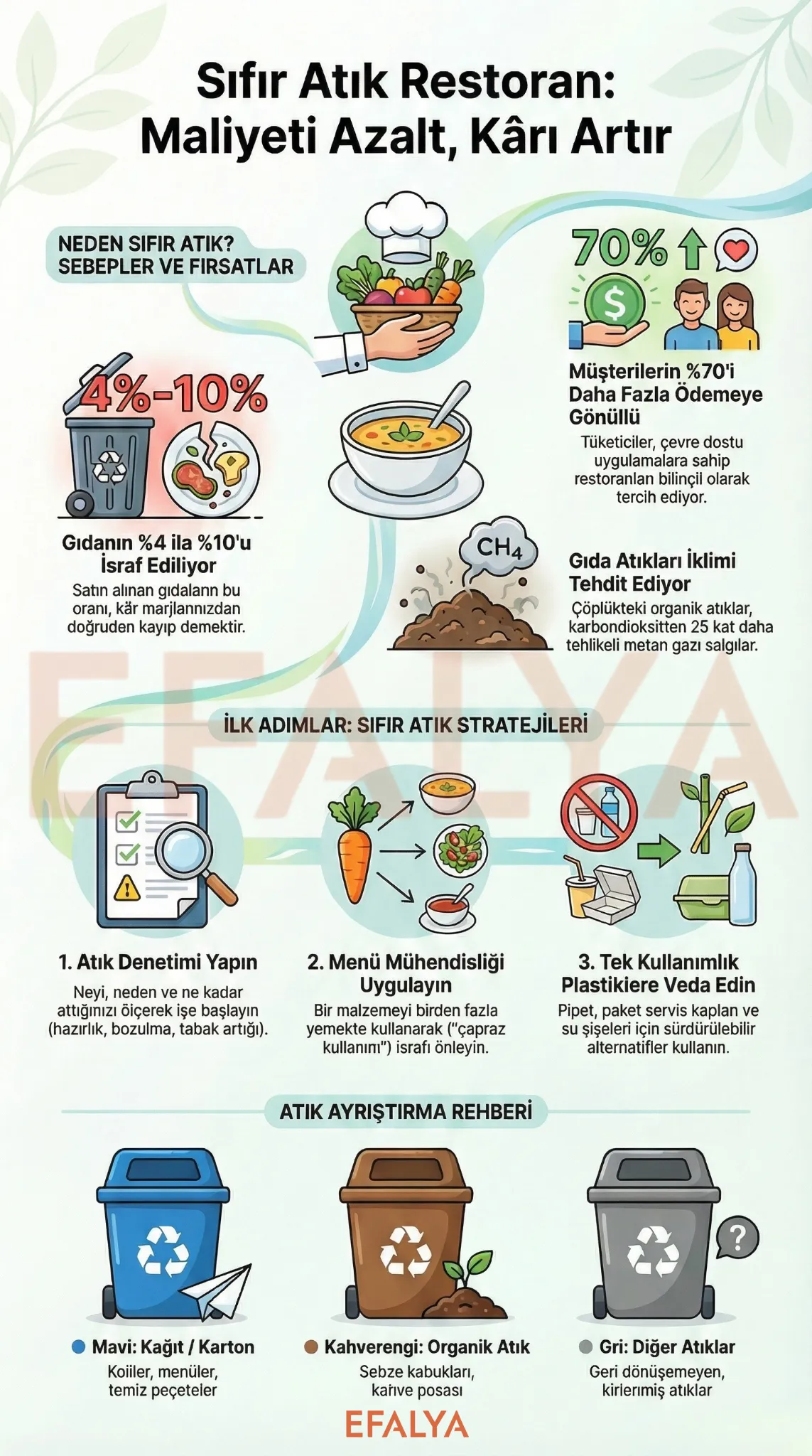 Restoranlar için atık ayrıştırma kutuları renk kodları (mavi, kahverengi, gri) ve genel sıfır atık stratejileri özeti.