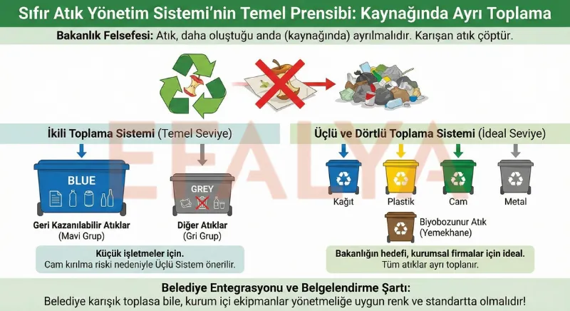 Sıfır Atık Yönetmeliğine göre kaynağında ayrı toplama prensibi, ikili ve dörtlü toplama sistemi karşılaştırması ve atık ayrıştırma şeması.