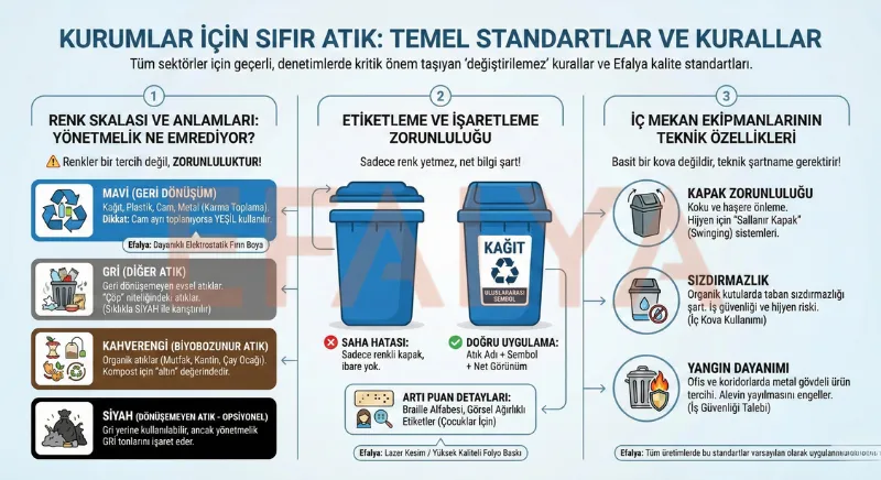 Sıfır Atık Yönetmeliğine göre zorunlu mavi, gri ve kahverengi geri dönüşüm kutusu renkleri, etiketleme kuralları ve teknik kapak özellikleri infografiği.