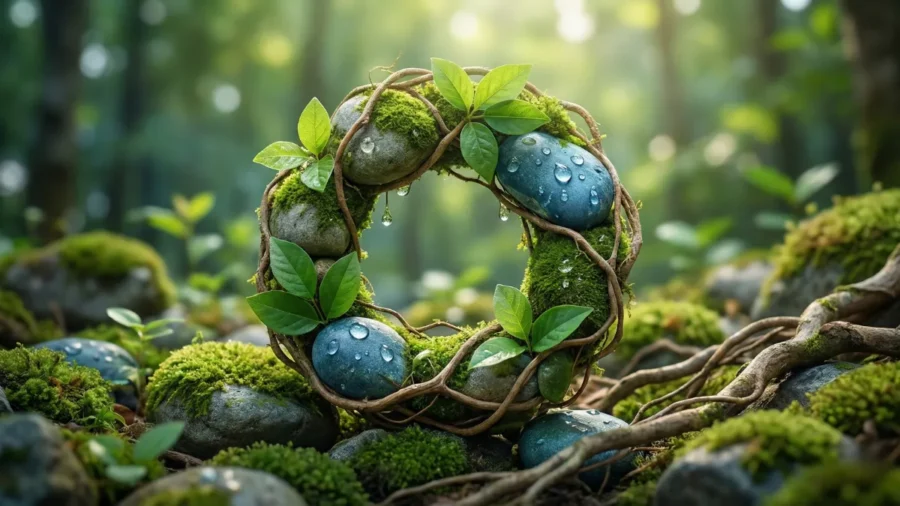 Orman zemininde yosunlu taşlar, yeşil yapraklar ve birbirine geçmiş ağaç kökleriyle oluşturulmuş, üzerinde su damlacıkları olan doğal bir döngü sembolü fotoğrafı; Sıfır Atık Yönetmeliği'nin sürdürülebilir çevre hedefini temsil ediyor.