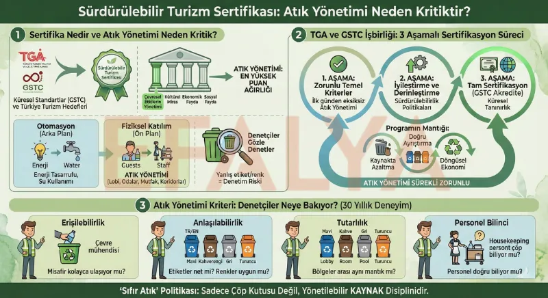TGA ve GSTC işbirliği ile Sürdürülebilir Turizm Sertifikası aşamaları, atık yönetimi kriterleri ve denetçilerin dikkat ettiği noktaları gösteren infografik.