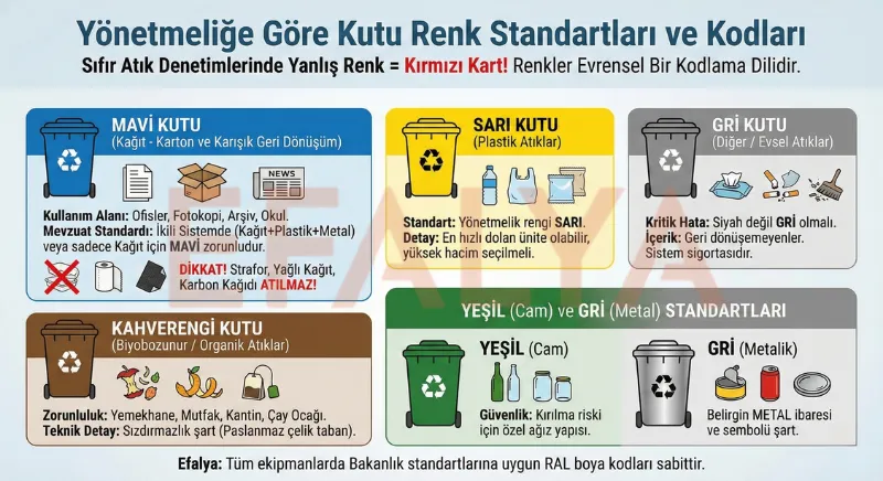 Sıfır Atık Yönetmeliği standartlarına uygun mavi, sarı, gri, kahverengi ve yeşil geri dönüşüm kutusu renkleri ve atılması gereken atık türleri tablosu.