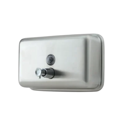 1000 ml kapasiteli, yatay dikdörtgen formda, basmalı butonlu 304 paslanmaz çelik sıvı sabunluk.